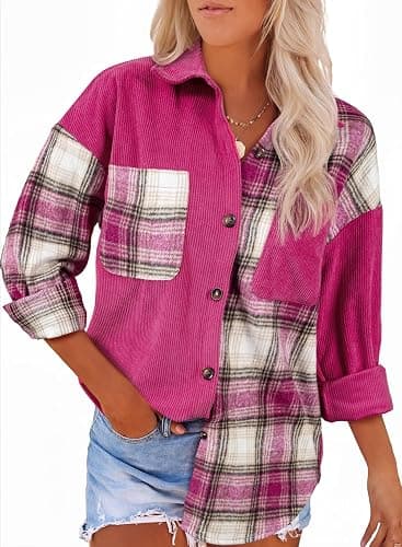 Astylish Womens Flannel Plaid Shirts Long Sleeve Button Down Shacket Color Block Blouse Tops thumbnail 4