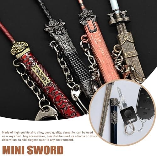 9PCS Mini Sword 4.7" Ancient Sword Keychain Zinc Alloy Key Chain Old Scabbard Decoration Pattern Keychain Uncut Blade Model for Men Women thumbnail 5