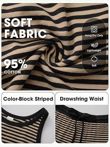 EXLURA Womens Cotton Summer 2 Piece Outfits Striped Halter Tops Matching Wide Leg Pant Sets Lounge Tracksuits Vacation Travel thumbnail 2