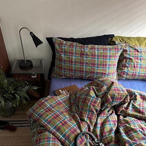 MKXI Buffalo Plaid Duvet Cover Set 3 Piece Vintage Bedding in Kelly Green, Navy & Red | 100% Washed Cotton Reversible Design with Zipper Closure & Corner Ties,Shabby Chic Aesthetic for Full thumbnail 3