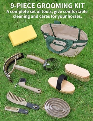 inoreal Professional 9 Piece Horse Grooming Kit with Tote Bag, Horse Brush & Curry Comb Set for Effective Grooming and Bathing, Equine Coat Care Tack Room Supplies, Horse Gifts for Girls thumbnail 5