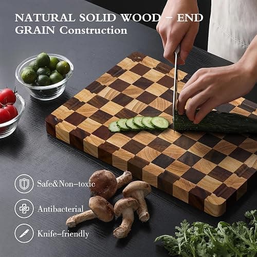 Checkered Cutting Boards for Kitchen, Wood Cutting Board Sets, Walnut Rubber & Wooden Chopping Boards with Anti-Slip Base and Guide Groove, Chessboard Carving Used for Cutting Vegetables Fruits & Meat thumbnail 4