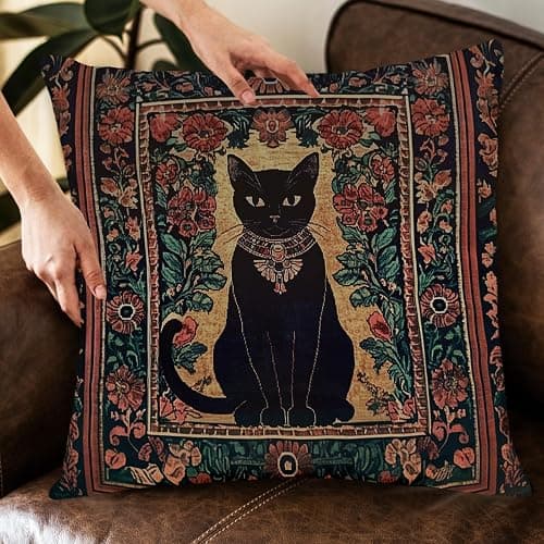 YOU FOUND ME William Morris Abstract Vintage Black Cat Design Throw Pillow Cover Home Decor, Art Decor Pillowcase Cushion Cover for Bed Sofa Living Room, Indoor and Outdoor 18x18inch (Black Cat5) thumbnail 7