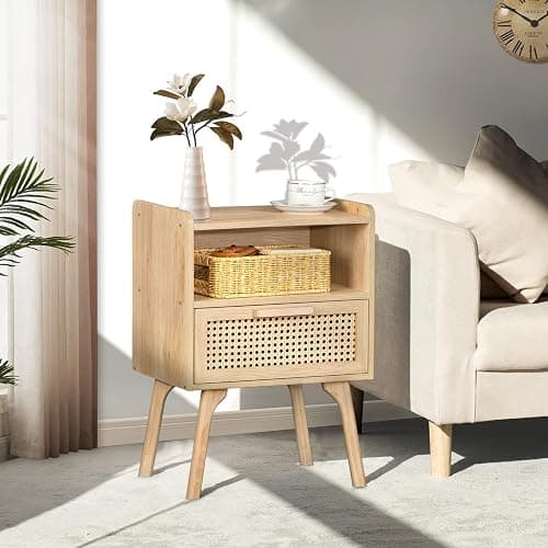 Lerliuo Rattan Nightstand, Boho Side Table with Drawer Open Shelf | Cane Accent Bedside End Table with Solid Wood Legs for Bedroom, Dorm and Small Spaces (Natural) thumbnail 2