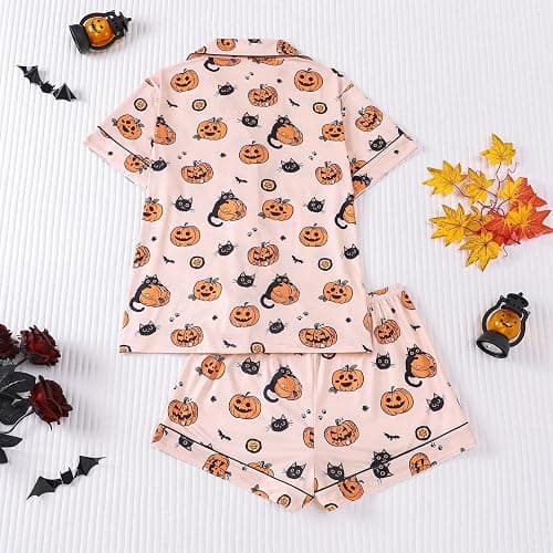 Cxquxse Halloween Pajama Sets for Women 2 Piece Ghost Pumpkin Print Shirts and Shorts Button Down Short Sleeve Sleepwear thumbnail 3