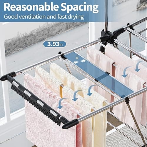 APEXCHASER Clothes Drying Rack with High Hanger, Foldable 3-Level Drying Racks with Shoe Rack, Crossbar and Vertical Rod Laundry Stand with Adjustable Wings Silver thumbnail 3