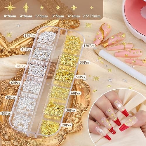 2640Pcs Silver Gold Nail Charms & Small Round Caviar Beads, Star Nails Gems | Gold Charms for Nails, Gold Beads for Nails, Star Charms for Nails, Nails Rhinestones Kit with Tweezers and Pick-up Pencil thumbnail 2