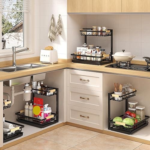Sevenblue 2 Packs Under Sink Organizer, Height Adjustable 2 Tier Under Kitchen Sink Organizer, Multi-Purpose Storage Shelf for Kitchen Bathroom Cabinet (Black, Large) thumbnail 6