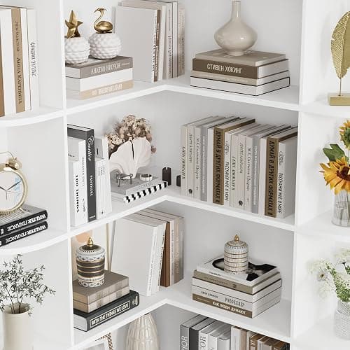 FOTOSOK 74” Tall Corner Bookshelf, 6-Tier Bookshelf and Bookcase with Open Storage, L Shaped Tall Bookcases Wooden Storage Shelves for Home Office, Thickened Boards for Better Load Bearing, White thumbnail 5