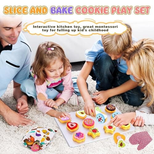 Slice and Bake Wooden Cookie Play Food Set for Kids Kitchen - Toy Food Accessories - Kids Pretend Cookies and Baking Sheet, Toy Baking Set for 3+ Year Old Boys Girls Birthday Gifts thumbnail 6
