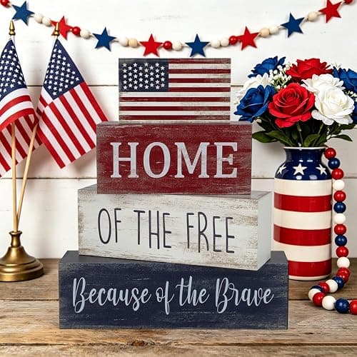 4th of July Decorations, 4 Sets Patriotic Wooden Block Table Centerpieces, Red White Blue Independence Day Memorial Day Tabletop Decorations, Rustic Labor Day Tiered Tray Decor for Home Office thumbnail 5