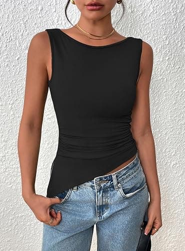 PRETTYGARDEN Womens Ruched Tank Tops 2026 Summer Sleeveless Slim Fit T Shirts Blouses Going Out Y2K Fashion Clothes thumbnail 5