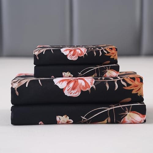 MAG 3pcs Black Floral Queen Bed Sheet,Microfiber Flower Bedding Sheet Set,Boho Bedding Sheet Set with 1 Fitted Sheet and 2 Pillowcases,14 Inches Deep (Black, Queen) thumbnail 6