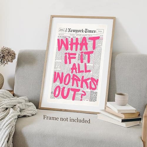 Retro Newspaper Pink Font Canvas Wall Art What If It All Works Out Poster Positive Affirming Quote Minimalist Canvas Prints Painting For Home Bedroom Dorm Wall Decor 12x16in Unframed thumbnail 3