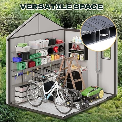 MELLCOM 8 x 6 FT Outdoor Plastic Garden Storage Shed with Floor, Resin Tool Storage Shed with Windows and Lockable Door for Patio, Pool Supply, Bike, Lawnmower thumbnail 4
