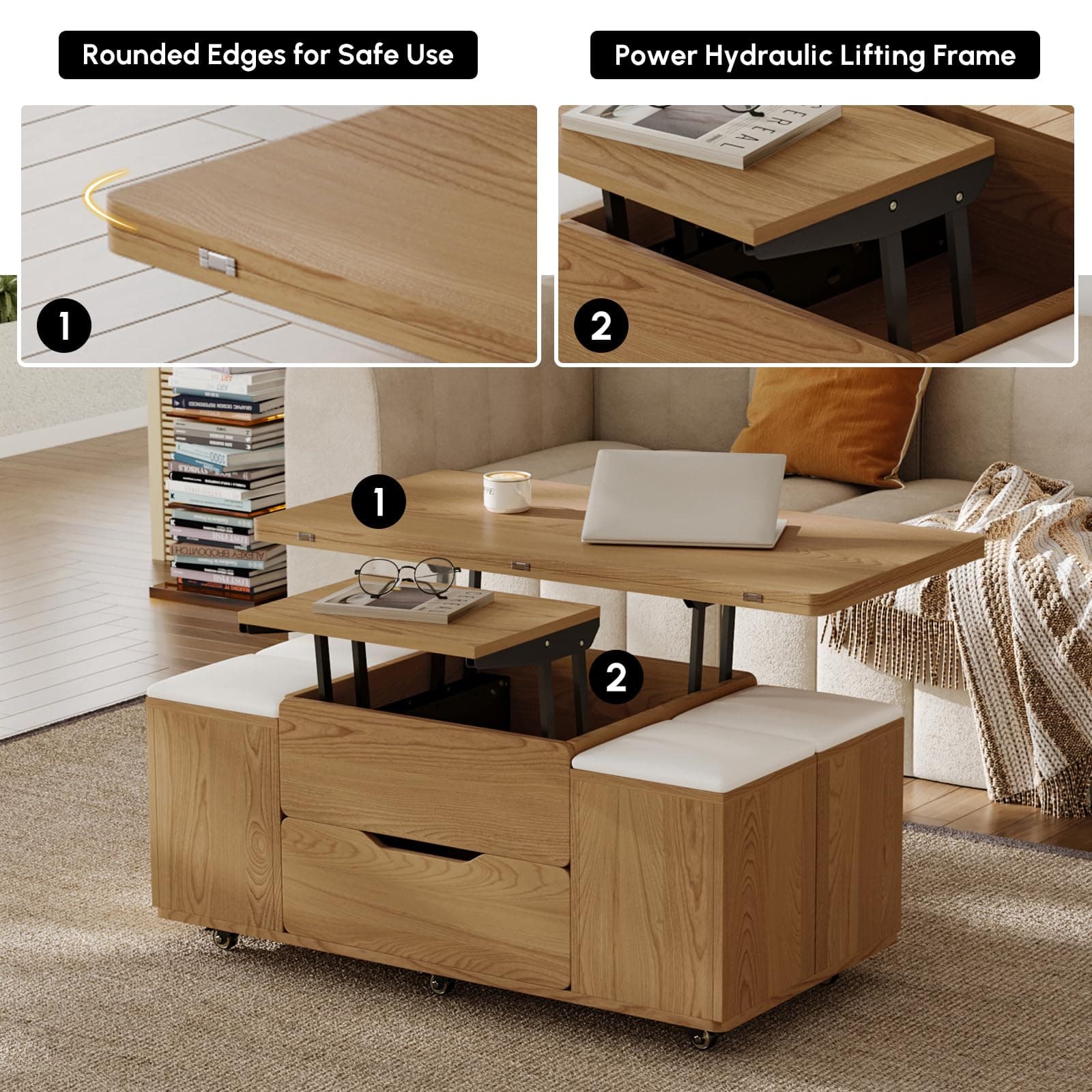 Homary Lift-up Wooden Coffee Table with 4 Hidden Soft Chairs, Hydraulic Swivel, Extendable Dining & Work Table, Built-in Storage, Space-Saving for Living Rooms & Flats thumbnail 4