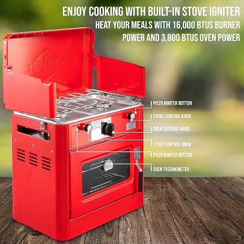 Hike Crew Outdoor Gas Camping Oven w/Carry Bag | CSA Approved Portable Propane-Powered 2-Burner Stove & Oven | Auto Ignition, Overheat Safety Shutoff, Built-In Thermometer | Hose & Regulator Included - Red thumbnail 4