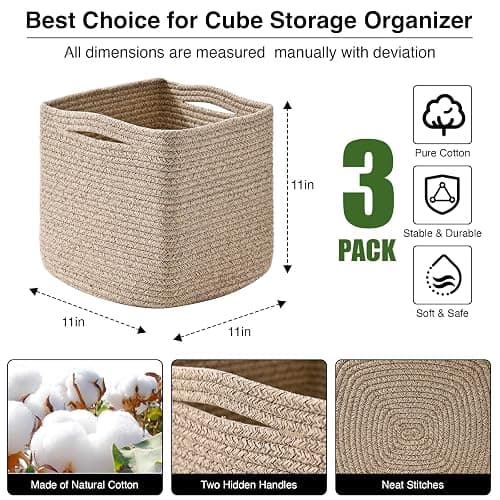 ICERZCZ 11 Inch Cube Storage Bins, Storage Cube Organizer Bins, Woven Cotton Rope Baskets for Storage, Storage Basket for Organizing Shelves, Square Baskets for Toys Nursery, Brown (Pack of 3) - Brown - 11"×11"×11" (Pack of 3) thumbnail 3