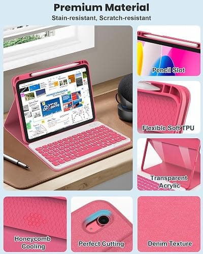 ABSONE for iPad A16 11th 10th Generation Case with Keyboard, 7 Colors Backlit Detachable Wireless Folio Keyboard Cover with Pencil Holder for iPad A16 11 inch Gen 2025 10th Gen 10.9 Inch 2022 Pink thumbnail 5