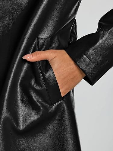 Trendy Queen Womens Long Leather Jackets Trench Coat Blazer Lapel Faux Open Front with Belt thumbnail 6