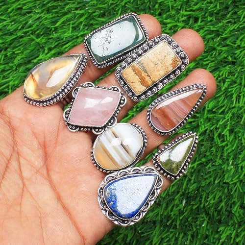 Silver Carats Women's Chunky Silver Rings - 5 Pcs Fashion Ring Set, Silver Plated, Handmade Gemstone - Stackable Gothic Vintage Pack thumbnail 4