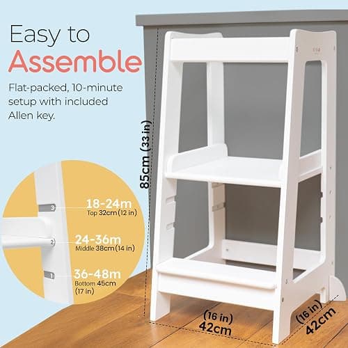 KRISTEN, JD + JACK: Stepup Baby Toddler Step Stool - Adjustable Height Kids Helper Step Stool, Durable, Non-Slip Platform for Bathroom Sink & Kitchen Counter, Toddler Tower for Exploration and Growth - White thumbnail 2