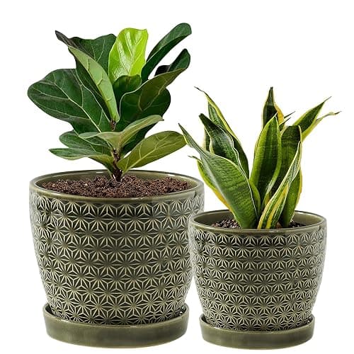 Plant Pots, Flower Pots, Planters for Indoor Plants(6.5+5.5inch), Flower Pots for Indoor Plant with Drainage Hole and Saucer, Ceramic Pots for Plants with Hole Mesh Pad,Reactive Glaze Green - Image 1