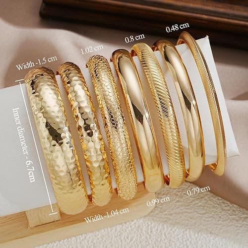 YEEZII Gold Bangle Bracelets for Women, 7Pcs 14K Gold Plated Boho Indian Multi Stackable Textured Bracelets, Chunky Bangles Set for Women Jewelry Gifts thumbnail 6