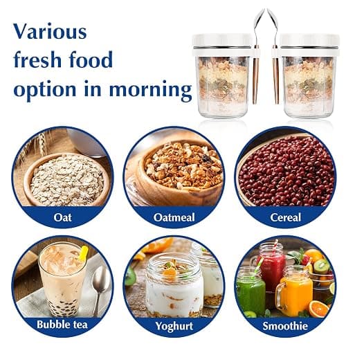 PFUM Overnight Oats Jars with Spoon and Lid 16 oz [2 Pack], Airtight Oatmeal Container with Measurement Marks, Mason Jars with Lid for Cereal On The Go Container (2pcs white) thumbnail 6