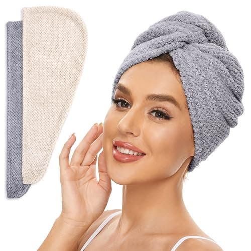 SimpleField 2 Pack Microfiber Hair Towel Wrap for Women, Anti Frizz Quick Drying Hair Turban for All Hair Style, Absorbent and Lightweight (Beige + Grey) - Image 1