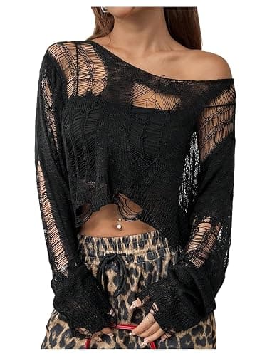 SHENHE Women's See Through Ripped Sweater Gothic Grunge Y2k Crew Neck Crop Sweater Pullover - Image 1