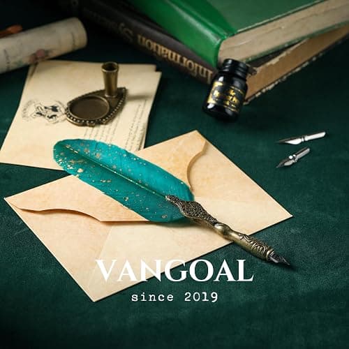 VANGOAL Vintage Green Feather Pen and Ink Set, Classic Series Goose Quill Pen with Carving Pen Stand, Calligraphy Pen Nibs, Black Dip Pen Ink, Antique Writing Gift for Writer thumbnail 2
