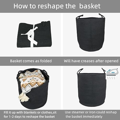 XUANGUO Black Cotton Rope Laundry Basket Hamper for Clothes Woven Storage Basket for Living Room Bedroom Boho Tall Rope Baskets for Blanket Toys Pillow Towels Baby Nursery Hamper Bin Large thumbnail 6