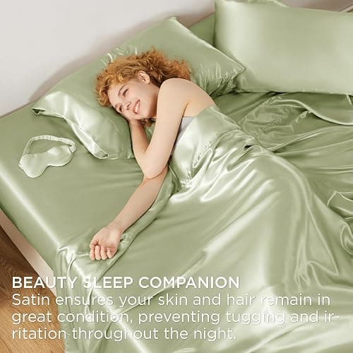 Bedsure Satin Sheets Queen Size - 4 Piece Silky Bedsheets with 15 Inches Deep Pocket Fitted Bedsheet,1 Flat Sheet, 2 Satin Pillowcases, Good for Hair & Skin (Queen, Sage Green) thumbnail 5