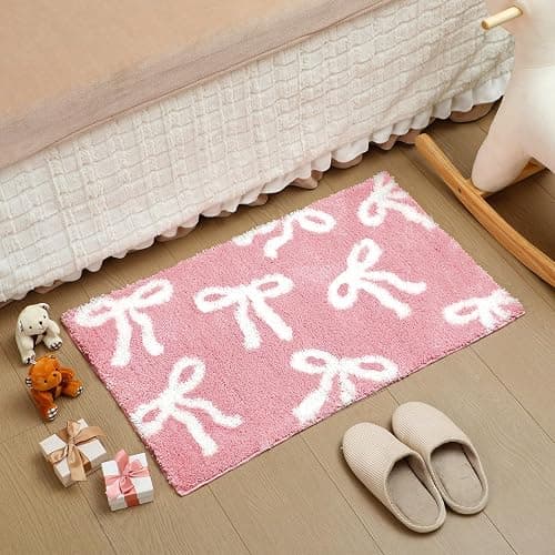 Tinideya Pink Bow Bathroom Rug 20x32 Inch Coquette Bath Mat Non Slip Absorbent Microfiber Floor Mat Machine Washable Cute Bow Rug for College Dorm Vanity Bedroom Bathroom Decor - Image 1