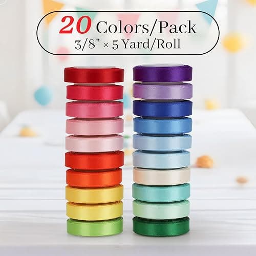 Kryvus Rainbow Satin Ribbon Set – 20 Colors, 3/8" x 5 Yards Each, 100 Yards Total, Double-Faced Colorful Satin Ribbons for Gift Wrapping, Hair Bows, Wedding & Party Decorations, DIY Crafts thumbnail 3
