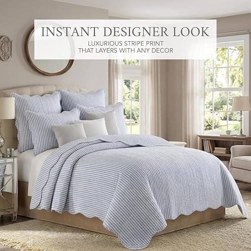 Levtex Home - Martha Stripe Quilt Set - Full/Queen Quilt and Two Standard Shams - Stripe - Blue White - Quilt (88x92in.) and Shams (20x26in.) - Reversible - Cotton thumbnail 2