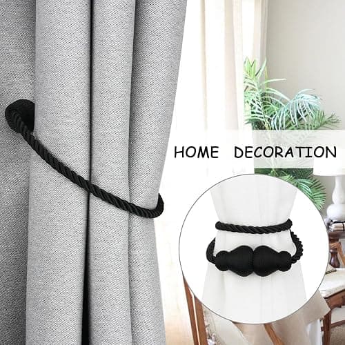 Nieffeiy Magnetic Curtain Tiebacks Outdoor Curtain Tie Backs Rope Decorative Magnetic Curtain Holders for Drapes Window Treatment Holdbacks, Black 2Pack thumbnail 5
