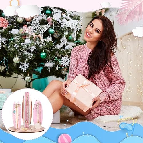 Wonderjune Jewelry Organizer Stand, Coastal Christmas Surfboard Decor, Preppy Beach Room Decor, Wooden Hawaii Surfer Gift, Teen Girl Room Decoration(Pink) thumbnail 3