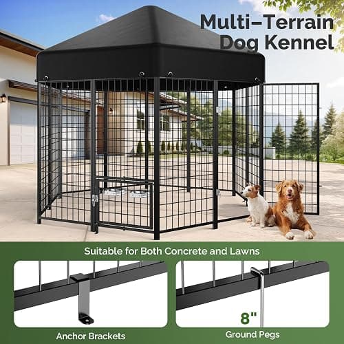 Sino Luban Outdoor Dog Kennel Outside Run with Doggy Door, Swivel Feeder&Roof - 7x7x6.4FT Large Dog Kennels Pens Outside for Large/Multiple Dogs - Heavy Duty Cage(Can Connect to Your Dog House) thumbnail 6
