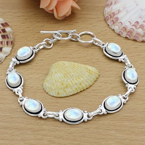 Natural Oval Gemstones Sterling Silver Plated Link Bracelet - Handmade Birthstone Vintage Style Adjustable Bracelets - Women's Jewelry Gift for Mom Wife Sister Grandmother thumbnail 3