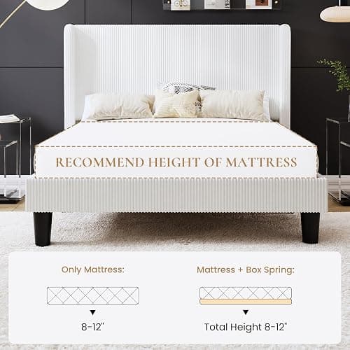 SHA CERLIN Full Size Corduroy Upholstered Platform Bed Frame with Vertical Channel Tufted Wingback Headboard, 8" Under Bed Storage, Wooden Slats & Metal Frame Support, Easy Assembly, White thumbnail 8