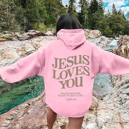 Jesus Loves You Hoodie Christian Hoodies for Women Jesus Pullover Tops Comfy Casual Streetwear Clothes with Pocket - B - Pink - X-Large thumbnail 6