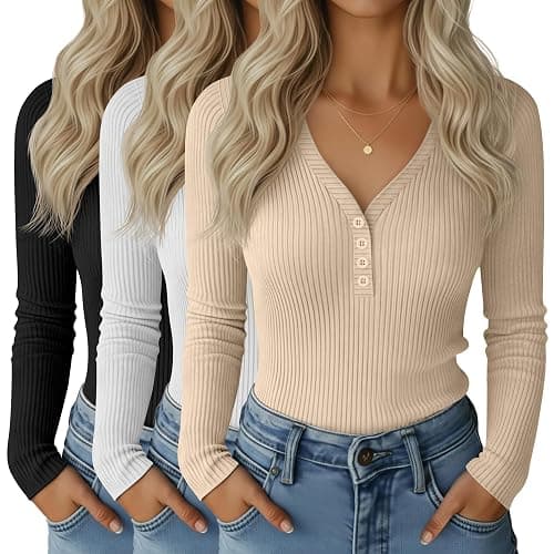 Huukeay 3 Pack Women's Ribbed Henley Long Sleeve Shirts, Button V Neck Tunic Tops Slim Fit Casual Soft Basic Knit Tee Blouse - Image 1