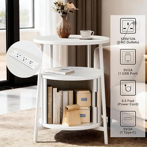 DHH Round End Tables with Charging Station, Fluted Accent Side Table with Sliding Door, Mid-Century Modern Nightstand for Small Space Storage, Living Room, Bedroom,Sofa Couch(1, White) thumbnail 4