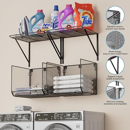 2 Pack Laundry Room Shelves Organization And Storage,Wall Mounted Clothes Drying Rack With Wire Mesh Basket Over Washer And Dryer,Large Capacity Floating Wall Shelf For Bathroom,Kitchen,Storeroom thumbnail 2