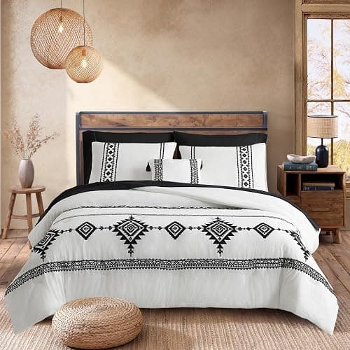 MaiRêve Embroidery Comforter Set Queen Size - 7 Piece, White Boho Western Bedding All Season Bed in A Bag, Farmhouse Queen Comforter Set with Sheets, Pillowcases & Shams thumbnail 8