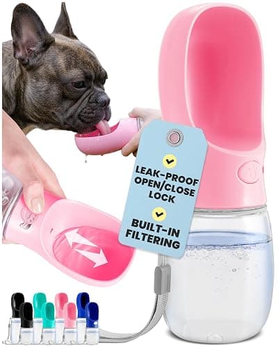 MalsiPree On the Go Dog Water Bottle - 12 oz Pink, Leak-Proof | 12oz leak-proof bottle & built-in bowl - one-hand use - Use for dog travel, hiking, park & beach days - Image 1