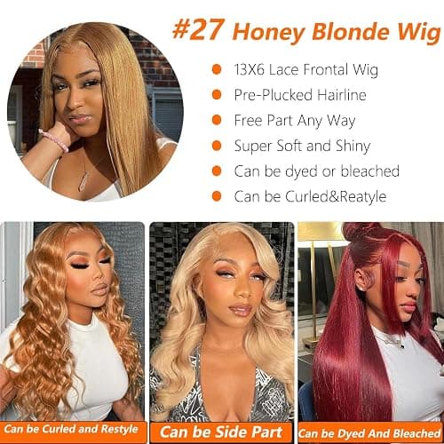Cypha Honey Blonde Wig Human Hair 13x6 Straight Honey Blonde HD Lace Front Human Hair Wig 180% Density Colored Wigs Human Hair 27# Glueless Lace Frontal Wigs thumbnail 5