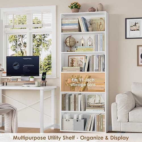 FOTOSOK 6 Tier Tall Bookshelf and Bookcase with Open Display Shelves, White | Industrial Tall Bookcases with Storage, Freestanding Book Shelf for Home Office, School Library , Living Room, Narrow Space thumbnail 7